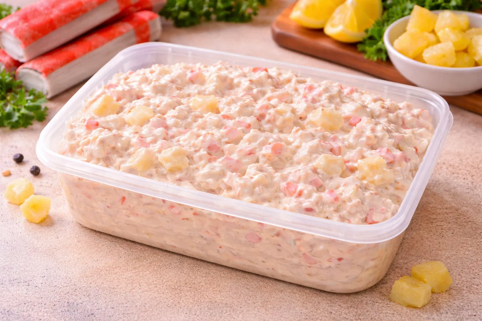 Krabí koktejl s ananasem – krémový salát s krabími tyčinkami a ananasem