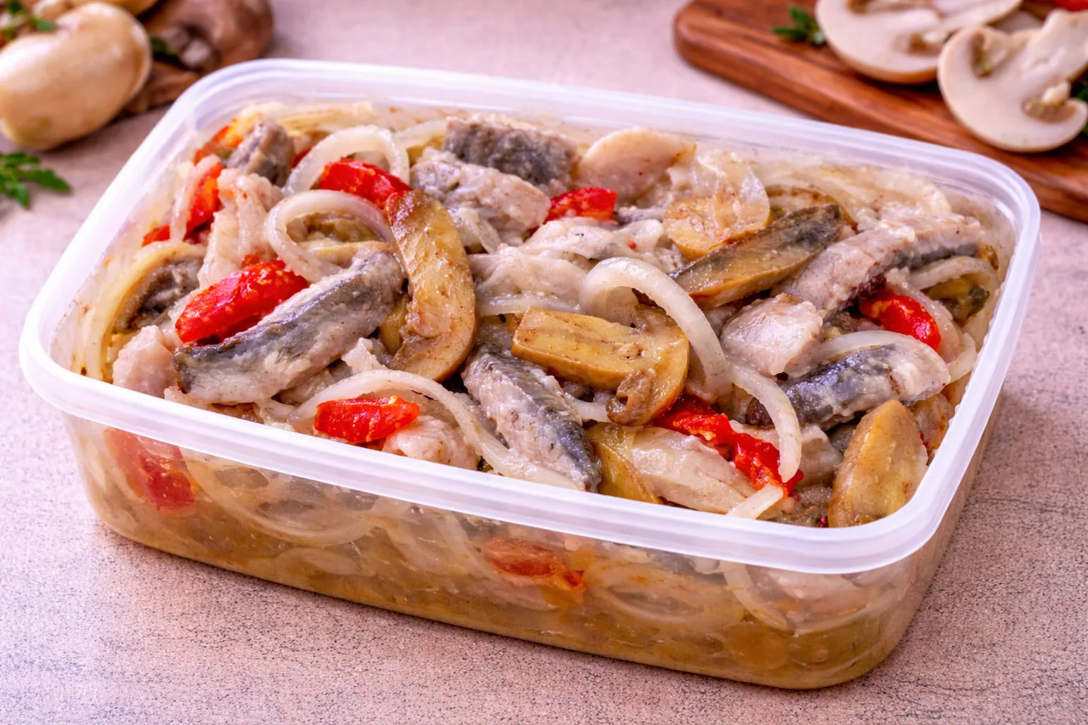 Matjesy se žampiony – filety matjesů v oleji se žampiony a cibulí